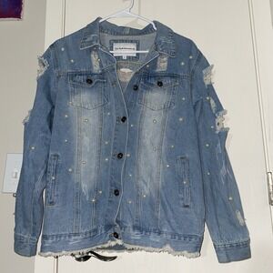 The Style Between Us Distressed Denim Jean Jacket Pearls‎